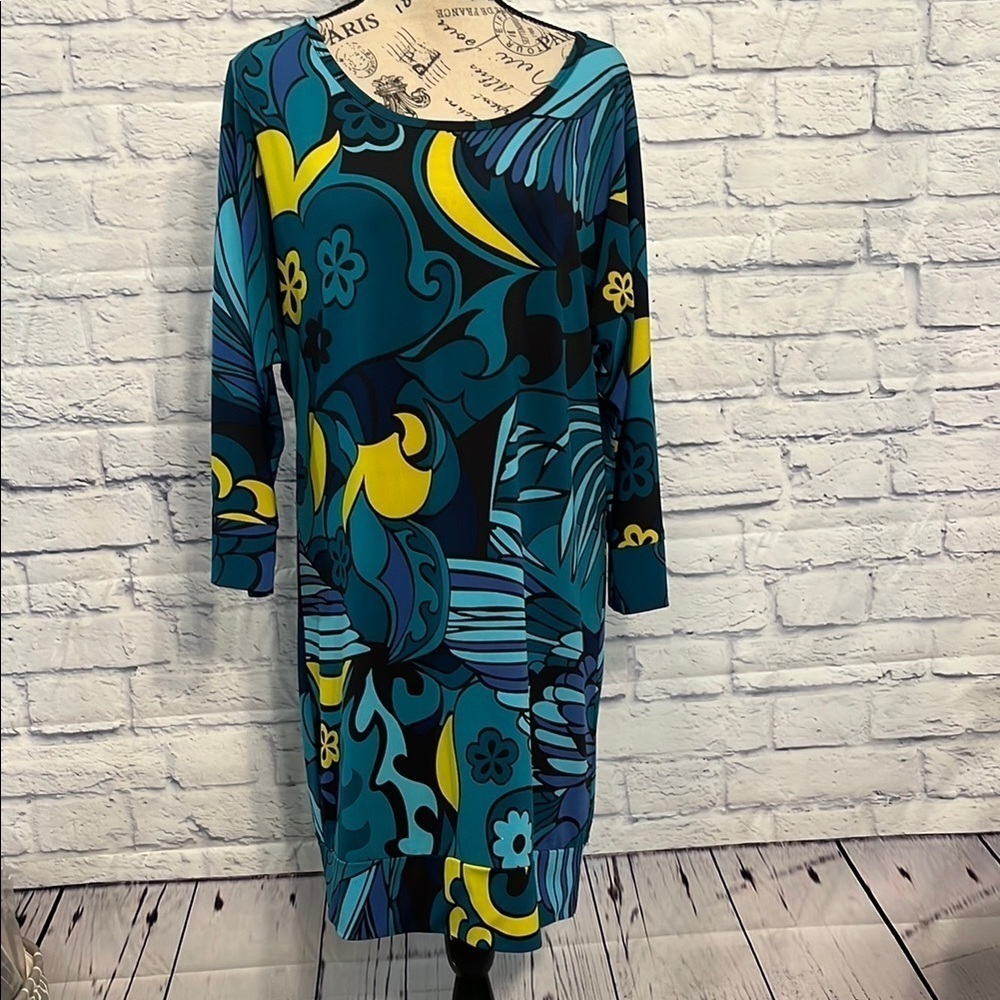 Trina Turk Retro Dress Shift 3/4 Sleeves Size Large Funky Mod